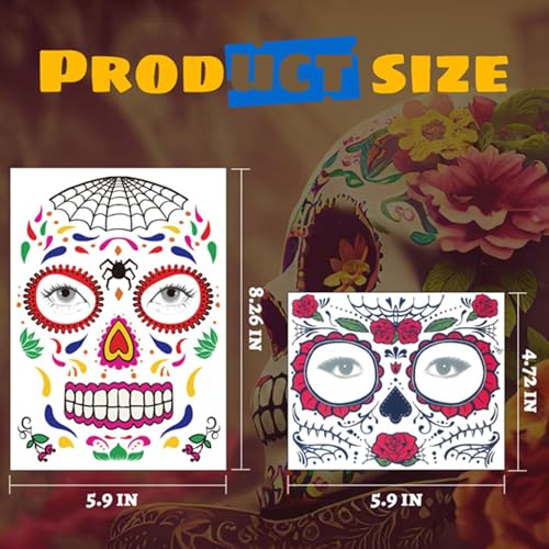 Halloween Temporary Face Tattoos Kit - 13 Pack Sugar Skull & Skeleton Designs