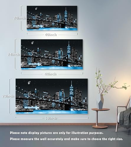 Night View Canvas Wall Art - New York Manhattan Brooklyn Bridge 48x24 Inches Blue Cityscape Framed