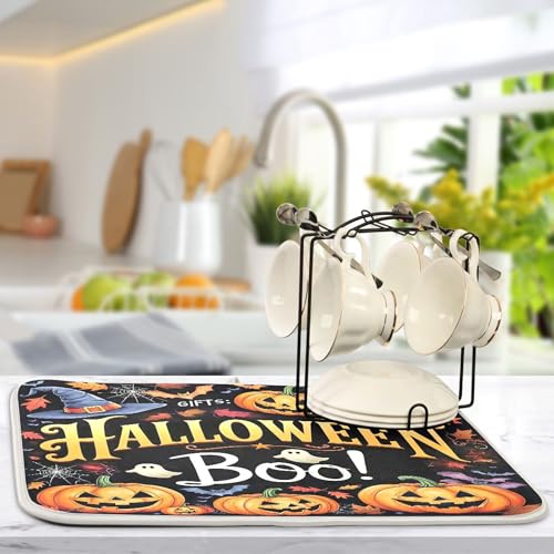 Halloween Ghosts Boo Dish Drying Mat 16x18in for Kitchen Countertop - Witch Pumpkin Bat Reusable Microfiber