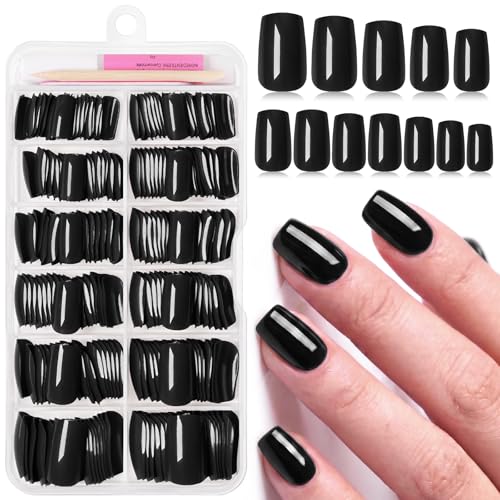 Black Short Square Press On Nails for Women - 240 Pack with Adhesive & Glue - Variation: Black