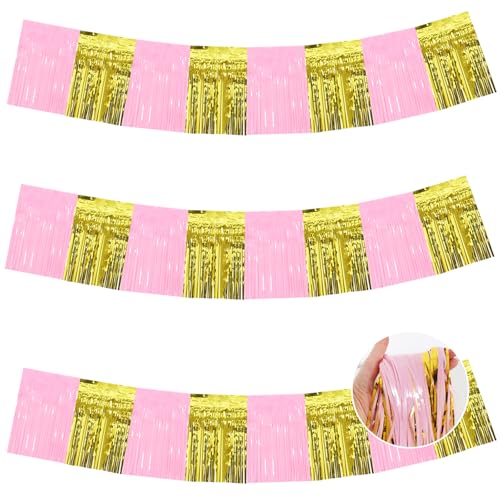 Macaron Pink Gold Fringe Garland Banner 30ft Party Streamers - 3 Pack