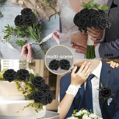 Artificial Foam Rose Heads Bulk - 3 Inch Stemless Fake Roses for Wedding & Party Decor - Black, 200