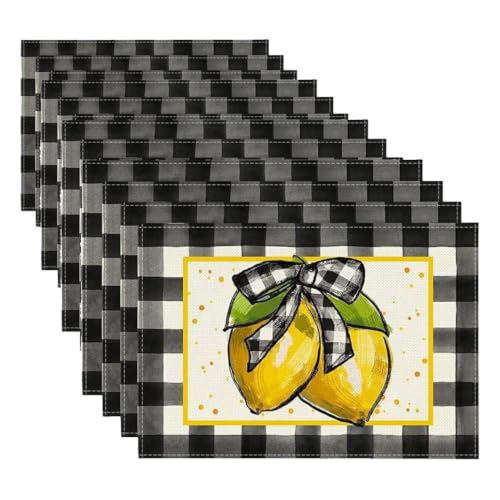 Buffalo Plaid Lemon Placemats Set of 4 - 12x18 Inch Rustic Washable Table Mats Black & White