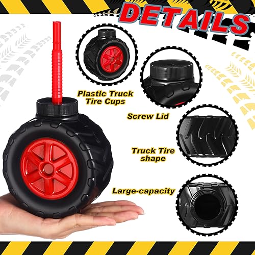 12 Pack Monster Truck Cups with Lids & Straws - 17 oz Plastic Tire-Shaped Drinkware for Kids - Variation of THIS listing: 12
