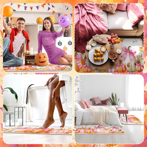 Pink Bow Pumpkin Kitchen Mats Set - Non Slip Fall Decor, 2 Sizes