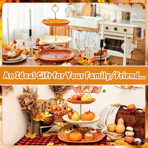 3-Tier Ceramic Pumpkin Serving Tray - Fall Thanksgiving Cake Stand with 7, 9, 11 Inch Sizes - Pumpkin Variation
