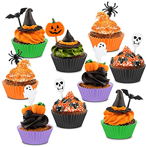 Halloween Cupcake Toppers & Baking Cups Set - 150 Pieces Kids Party Decorations