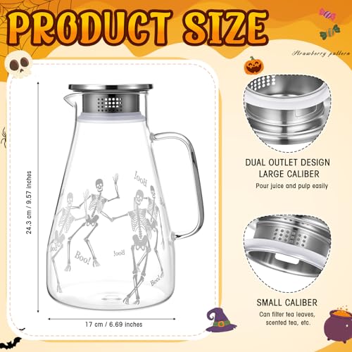 Skeleton Halloween Glass Pitcher with Lid - 74oz Water Jug for Parties