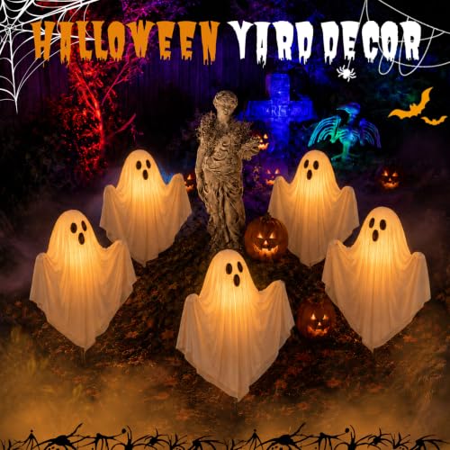 Halloween Lighted Ghost Stake Set - 5 Pack Outdoor Yard Decor with Remote & Timer