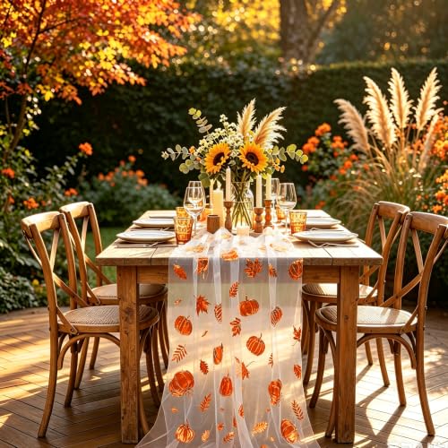 Fall Gauze Table Runner with Glitter Pumpkins & Maple Leaves - 120 Inch, Color 02