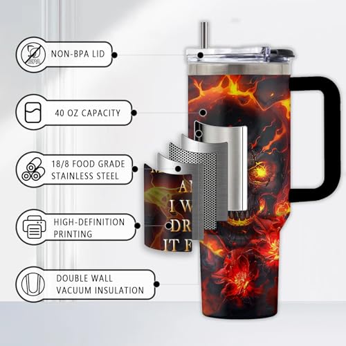 Goth 40oz Stainless Steel Wicked Tumbler with Handle & Straw - Flame Skull Variation