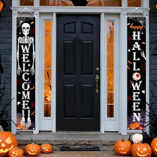 Halloween Skeleton Pumpkin Porch Banner Sign - Spooky Front Door Decor