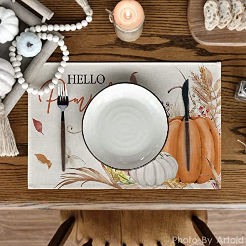 Hello Pumpkin Fall Placemats Set of 4 - 12 x 18 Inch Rectangular Table Decor