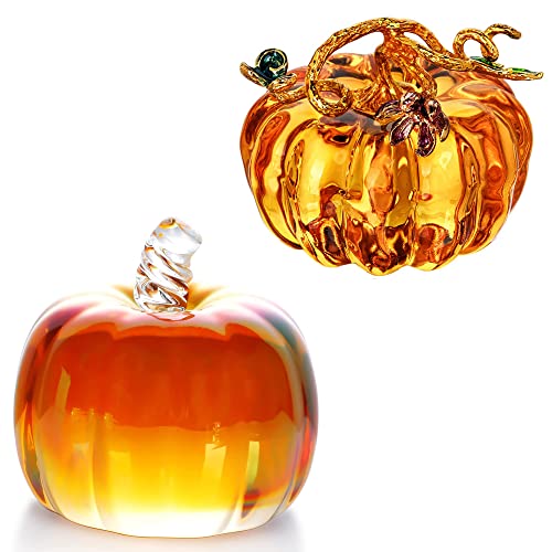 Hand Blown Crystal Pumpkin Figurine for Fall Harvest Decor - Brown Striped, 7.1cm