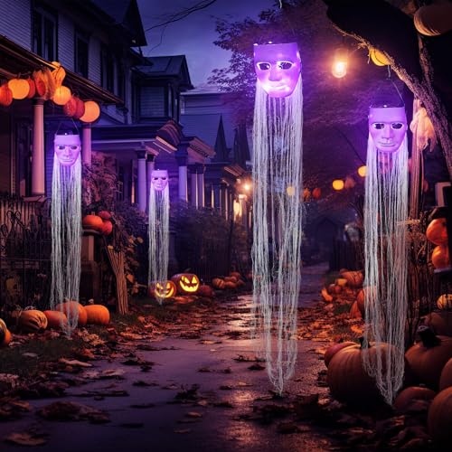 Halloween Hanging Ghost Decorations Set with Purple LED Lights - Outdoor Spooky Ghosts, 4 Pieces