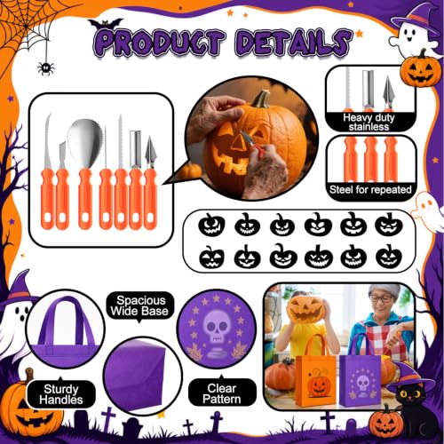 Halloween Pumpkin Carving Kit 8-Person Set with Tools Templates + Tote Bag (Variation of 160/Mixed Style)