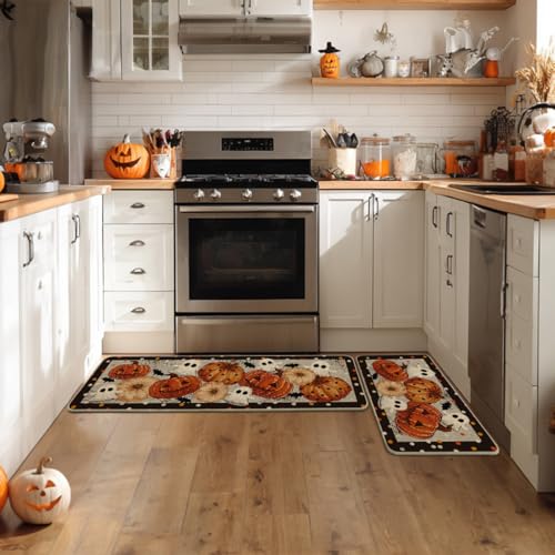 Halloween Kitchen Mats Set of 2 - Black Ghost Design, 17x29 & 17x47 Inches
