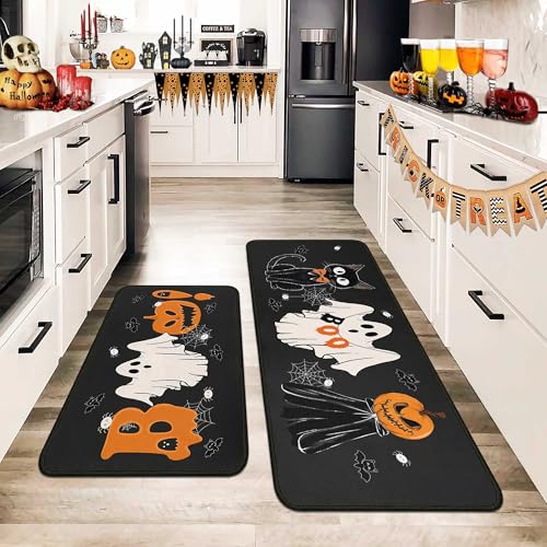 Ghost Halloween Kitchen Rugs Set of 2 - 17x47 & 17x30 Inches Non-Slip Floor Mats