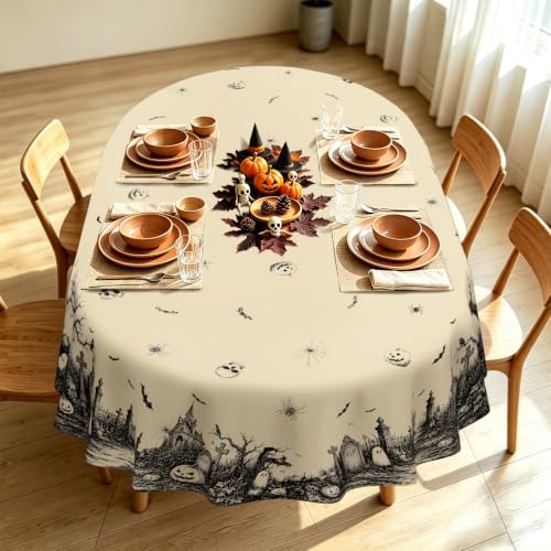 Beige Halloween Pumpkin Ghost Tablecloth - 72x54 Inch Fall Decor