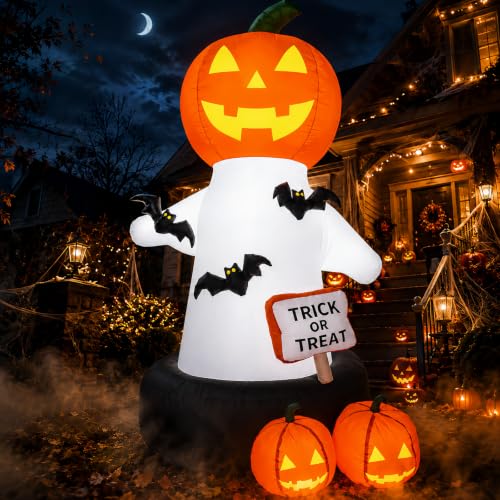 White 6 Ft Tall Halloween Inflatable Pumpkin with Bat & Trick or Treat LED Decor