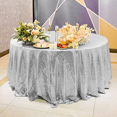 Silver Sequin Round Tablecloth - 132 Inch Glitter Cover for Weddings & Events