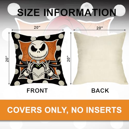 Halloween Decorative Throw Pillow Covers 20 x 20 Set of 4 - Orange Jack Skeleton & Ghost Design