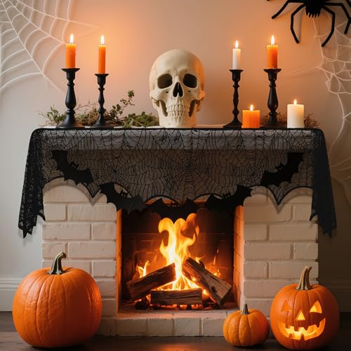 Halloween Mantle Scarf 2 Pcs Black Lace Spiderweb Fireplace Decor Set - 18x83 Inches