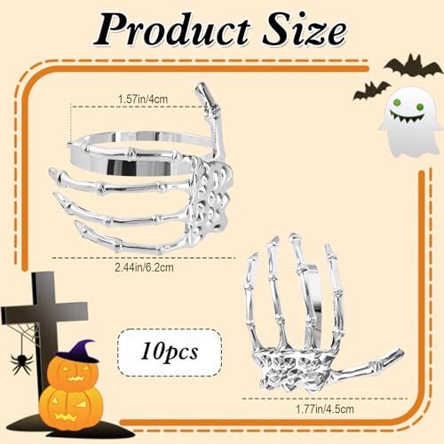 Silver Halloween Napkin Rings Set of 10 Skeleton Claw & Ghost Hand Holders