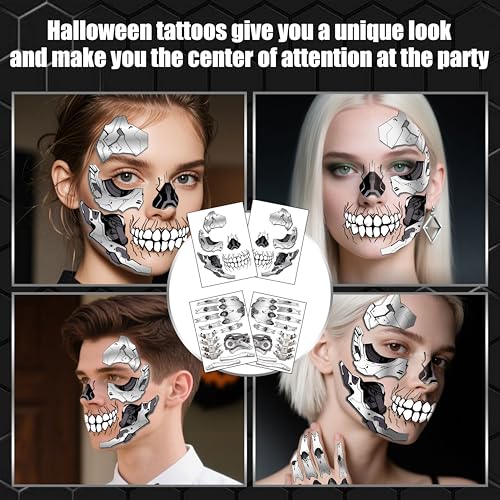 Mechanical Skeleton Face Tattoos - Waterproof Halloween Temporary Stickers for Party & Cosplay