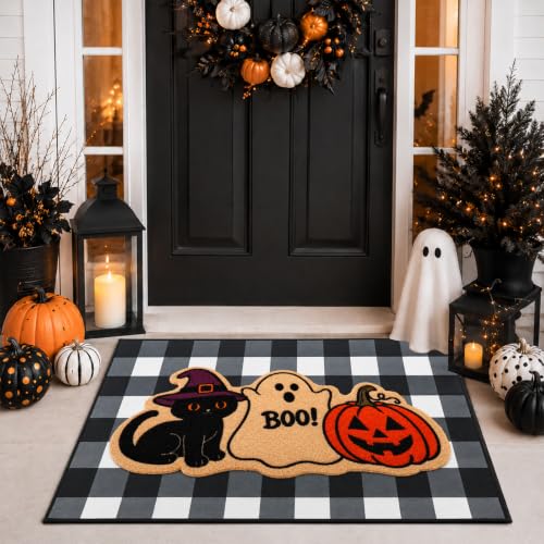 Halloween Welcome Door Mat Set - Black Cat Ghost Pumpkin, Coir & Velvet, Non-Slip, 2 Pieces - Cat Boo Variation