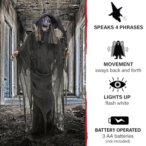 69-Inch Life-Size Animatronic Witch with Touch Activated Lights and Sound for Halloween Decorations