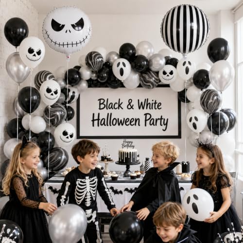 Halloween Balloons Set Black White Silver Skull Ghost 12 Inch 35pcs - Spooky Party Decorations