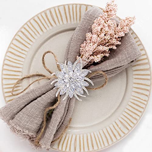 Flower Lotus Napkin Rings Set of 12 - Silver Elegant Rhinestone Decor for Weddings & Holidays