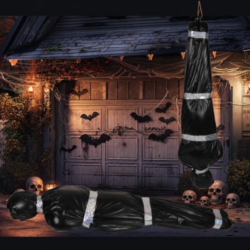 Black 5ft Hanging Corpse Dummy Prop for Halloween Decorations - Creepy Crime Scene Inflatable Body with Accessories