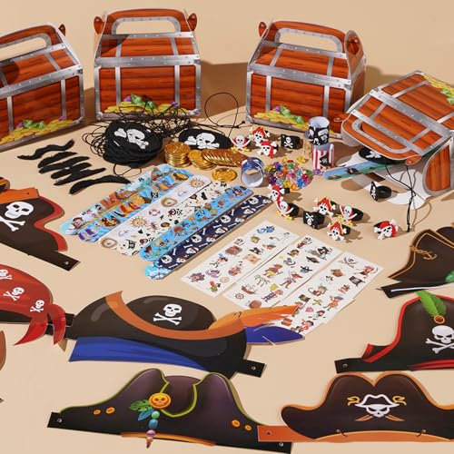 Pirate Party Favors Set for Kids - Treasure Chest, Tattoos, Hats & More