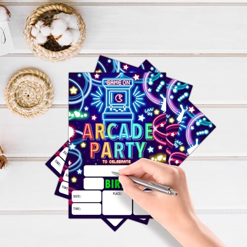 Colorful Neon Arcade Games Birthday Invitations Set - 20 Double Sided Fill-In Cards with Envelopes, Kids Party Favors