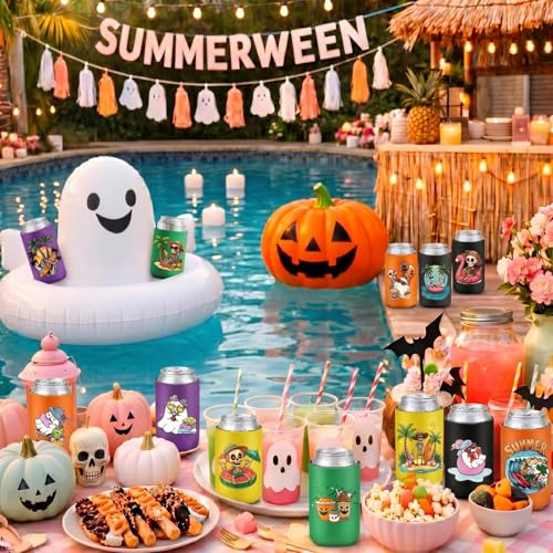 Halloween Can Cooler Sleeves Set - 12 Reusable Insulated Drink Wraps for 12 oz Cans