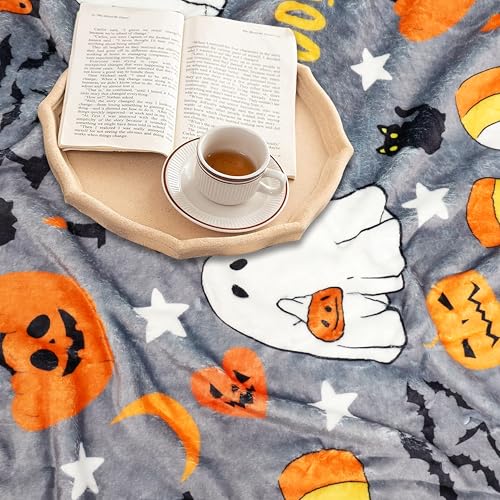 Halloween Ghost Throw Blanket - Boo-Cute Ghost on Gray, Cozy Plush 50 x 60 Inches