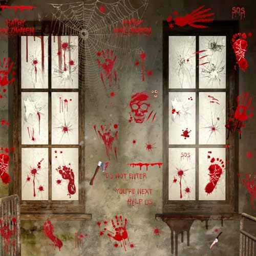 Halloween Bloody Handprint Footprint Window Stickers - 165 pcs Spooky Decor