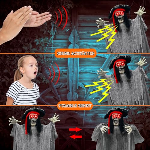 70-Inch Halloween Hanging Pirate Ghost Animatronic Outdoor Decor with Sound and Lights