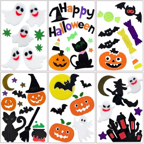 6 Sheets Halloween Window Gel Clings for Decorations - Spiders, Witches, Pumpkins