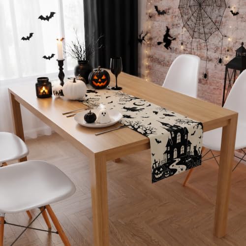 Halloween Haunted House Gothic Table Runner - Witch Ghost Bat Fall Decor - Variation of Halloween Haunted House
