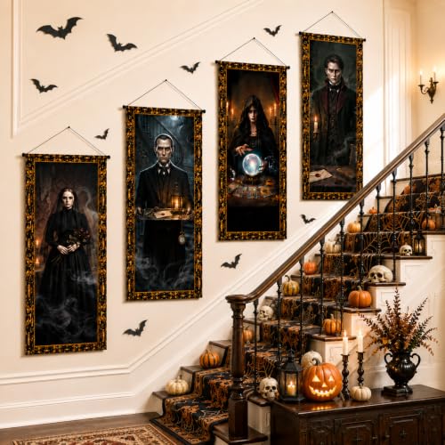 Halloween Haunted Mansion Portrait Wall Banners 4-Pack - Spooky Gothic Decor