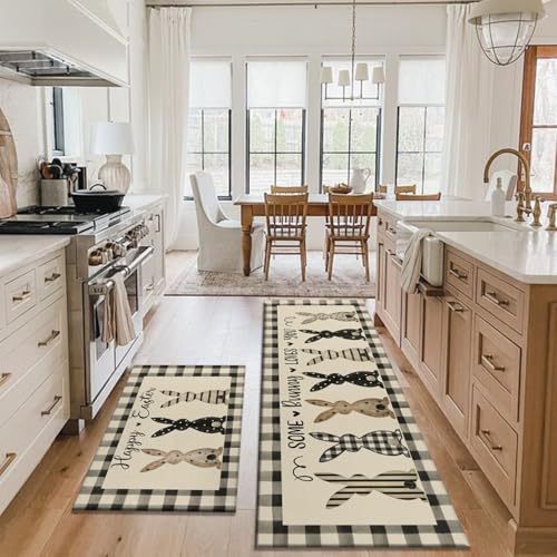 Easter Bunny Kitchen Rugs Set of 2 - Black & White Checkered Spring Decor