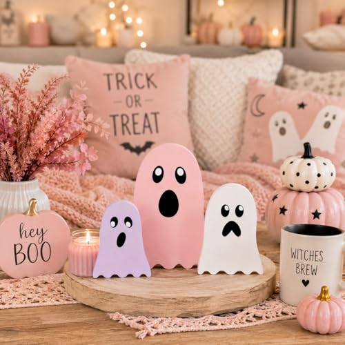 Pink Halloween Ghost Decor Set - Wooden Tabletop Seasonal Decorations