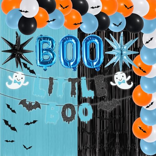 Blue Halloween Baby Shower Decorations Set with Banners Balloons & Stickers - Little Boo