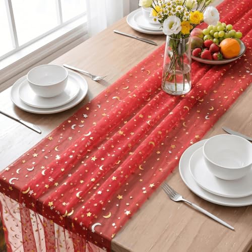 Red Gauze Stars Moon Table Runner 28x120 Inch Glitter Metallic Sheer Decor