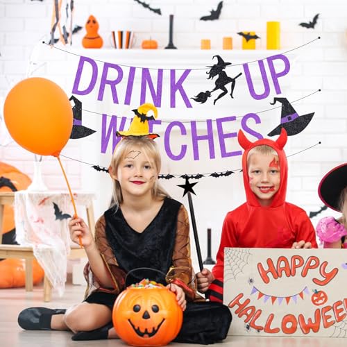 Halloween Drink Up Witches Banner & Bat Garland Set - Purple Glitter Party Decorations