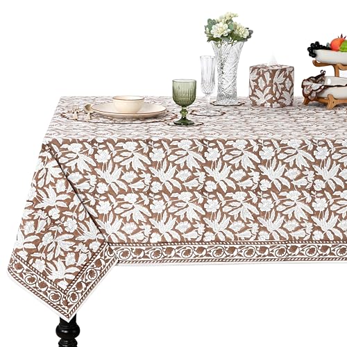 Ridhi Oak Brown Hand Block Print Cotton Square Tablecloth 60 x 60 Inch - Elegant Dining Decor