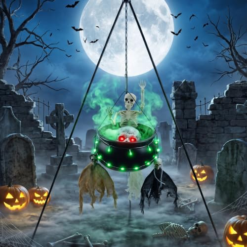 Outdoor Halloween Cauldron Decoration with Skeletons & Green Light - 53" Tripod Frame
